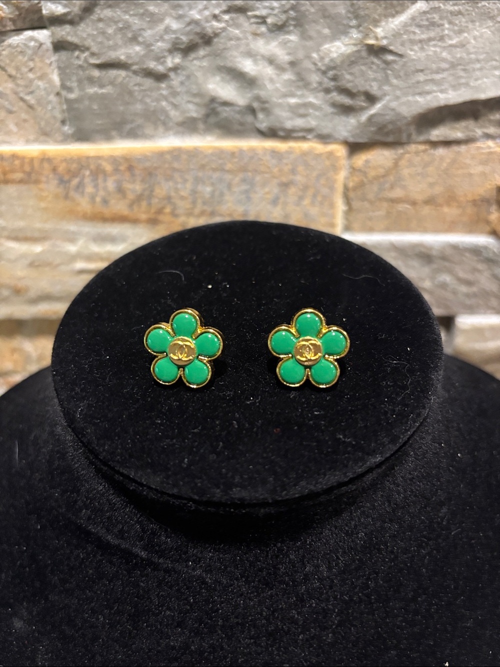Green Flower Enamel Gold-Tone CC Stud Earrings